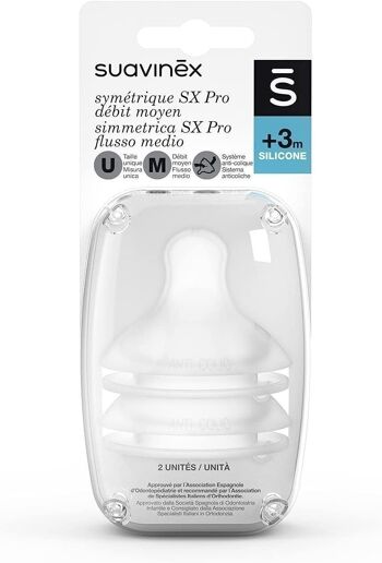 SUAVINEX, 2 x TÉTINES SYMETRIQUES SX PRO SILICONE Débit M 3M+ 1