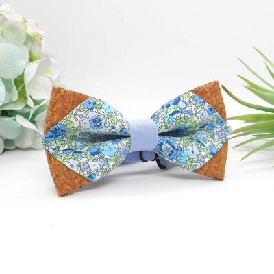 Pointed bow tie in cork and Liberty fabric Amelie Blue