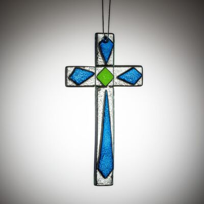 Croce di vetro da appendere - verde e blu