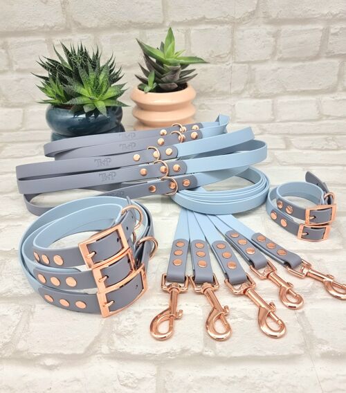 Waterproof BioThane© two-coloured 10 pcs Dog Collar & Lead Bundle - Pastel Blue & Grey