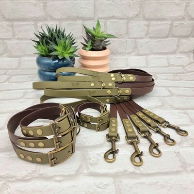 Waterproof BioThane© two-coloured 10 pcs Dog Collar & Lead Bundle - Dark Brown & Military Green