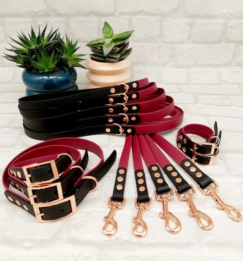 Waterproof BioThane© two-coloured 10 pcs Dog Collar & Lead Bundle - Burgundy & Black