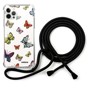 Coque cordon iPhone 12/12 Pro avec cordon noir - Papillons Multicolors 1