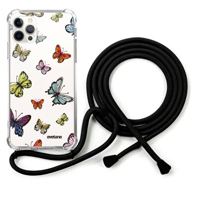 Coque cordon iPhone 12/12 Pro avec cordon noir - Papillons Multicolors