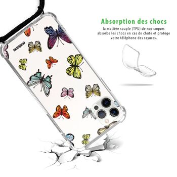 Coque cordon iPhone 12/12 Pro avec cordon noir - Papillons Multicolors 3