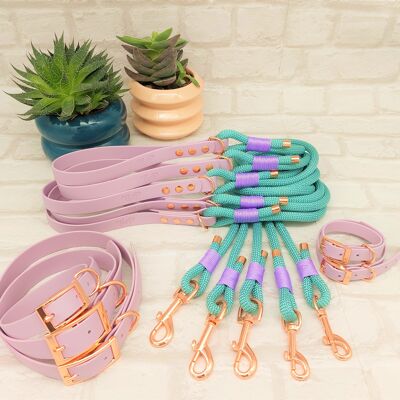 Paracord Rope Lead & Waterproof Biothane Dog Collar 10pcs Bundle - Seagreen & Lilac