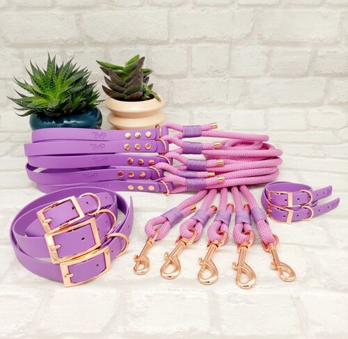 Paracord Rope Lead & waterproof Biothane Dog Collar 10pcs Bundle - Pastel Pink & Amethyst