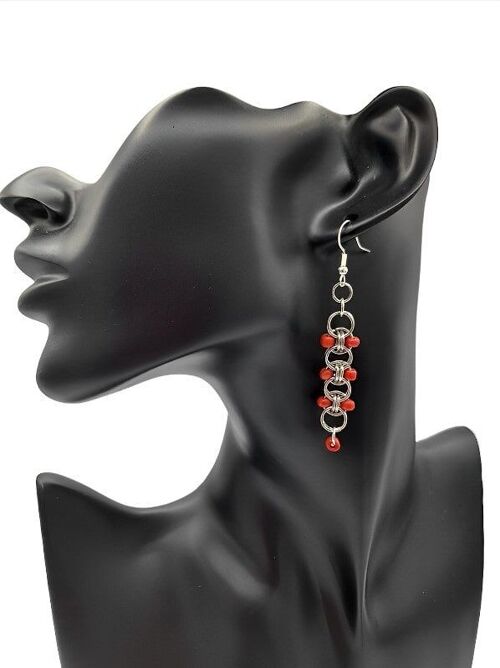 Red Bead Helm Weave Dangle Earrings