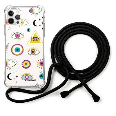 Coque cordon iPhone 12/12 Pro avec cordon noir -  Multi Yeux