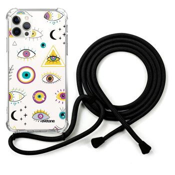 Coque cordon iPhone 12/12 Pro avec cordon noir -  Multi Yeux 1