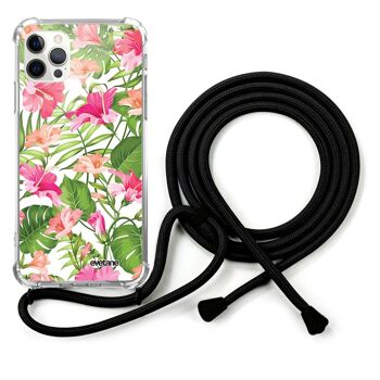Coque cordon iPhone 12/12 Pro avec cordon noir -  Fleurs Tropicales 1