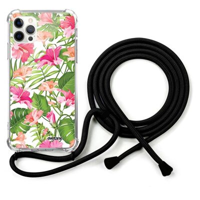Coque cordon iPhone 12/12 Pro avec cordon noir -  Fleurs Tropicales