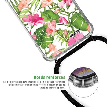 Coque cordon iPhone 12/12 Pro avec cordon noir -  Fleurs Tropicales 4
