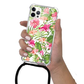 Coque cordon iPhone 12/12 Pro avec cordon noir -  Fleurs Tropicales 5