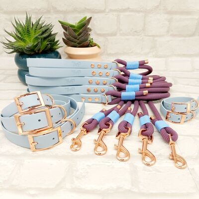 Paracord Rope Lead & Waterproof Biothane Dog Collar 10pcs Bundle - Mauve & Pastel Blue