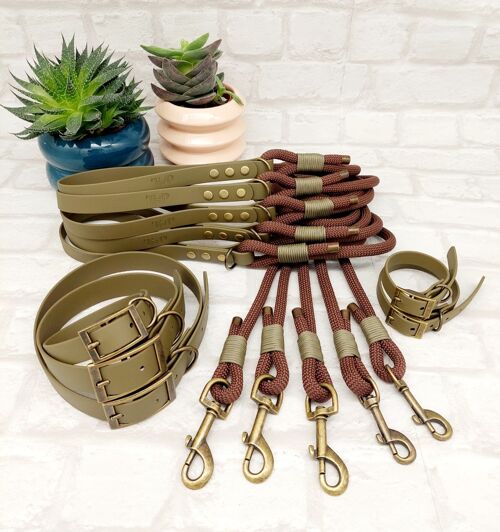 Paracord Rope Lead & waterproof Biothane Dog Collar 10pcs Bundle -Chocolate Brown & Military Green