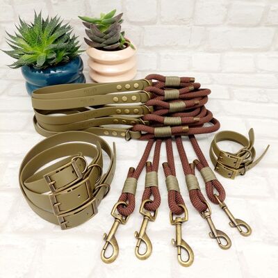 Paracord Rope Lead & waterproof Biothane Dog Collar 10pcs Bundle -Chocolate Brown & Military Green