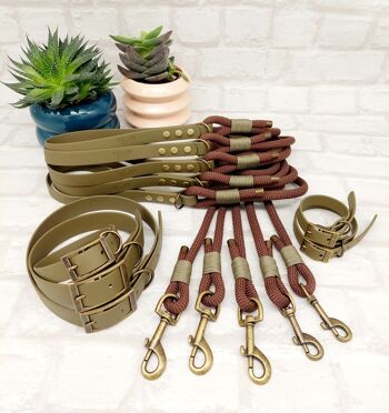 Paracord Rope Lead & Waterproof Biothane Dog Collar 10pcs Bundle -Chocolate Brown & Military Green