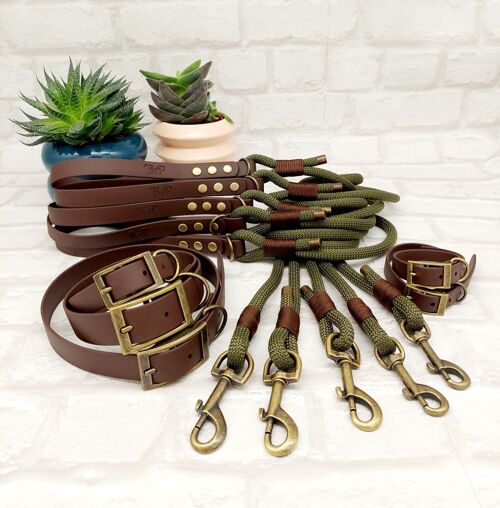 Paracord Rope Lead & waterproof Biothane Dog Collar 10pcs Bundle - Army Green & Dark Brown