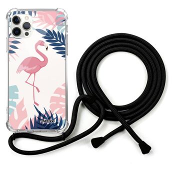 Coque cordon iPhone 12/12 Pro avec cordon noir - Flamant Tropical 1