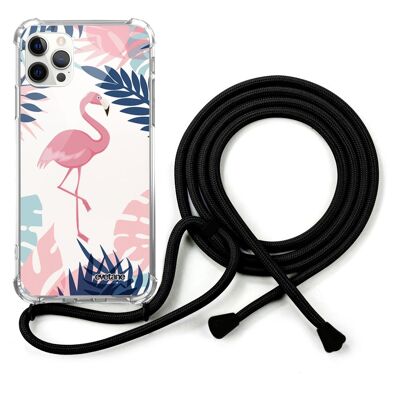 Coque cordon iPhone 12/12 Pro avec cordon noir - Flamant Tropical