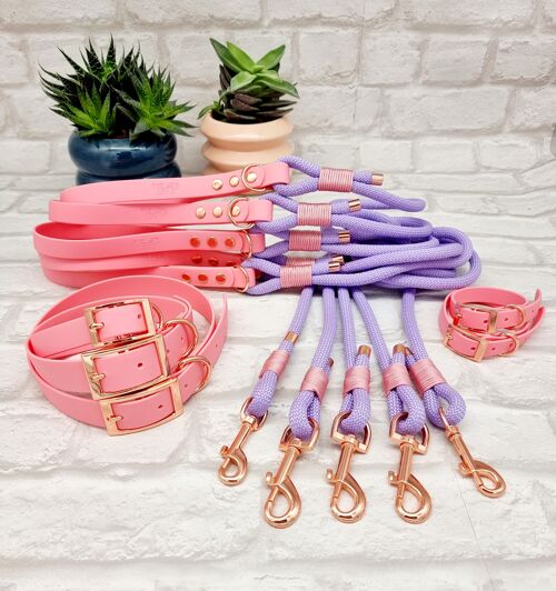 Paracord Rope Lead & waterproof Biothane Dog Collar 10pcs Bundle - Lilac & Baby Pink