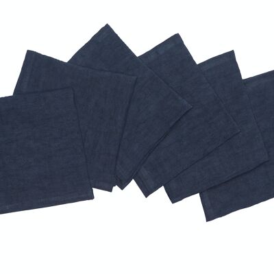 6 serviettes, 100 % lin, délavées, bleu profond