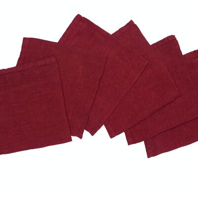 6 serviettes, 100 % lin, délavées, rouge cerise