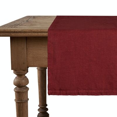 Chemin de table, 100 % lin, délavé, rouge cerise