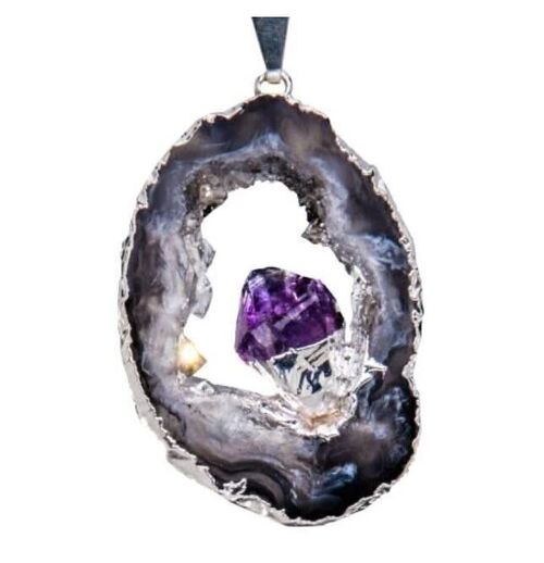 Geode Slice with Amethyst Pendant plated in Silver