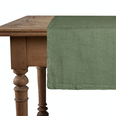 Chemin de table, 100 % lin, délavé, vert olive