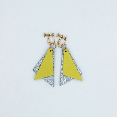 Earring made of yellow and light blue leather with clip or hook