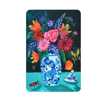 Bloemen Kaart met blauw witte vaas | Verjaardagskaart Bloemen Kaarten | Kleurige Kunst Wenskaarten | Hippe Feestkaarten