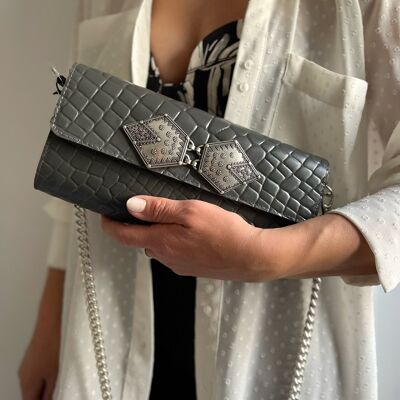 Full Grain Leather Shoulder Evnelope Bag, Handmade Clutch Bag, Leather Envelope Bag, Gift for Her, Made in Greece - Gray Sky