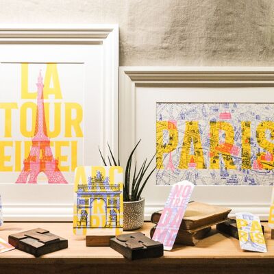 Pack Test: i 4 poster Letterpress Paris Pop, Torre Eiffel, Notre Dame, Arco di Trionfo, architettura, estate, fluo, giallo, rosa, blu