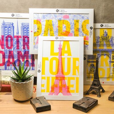 Pack Test: los 4 carteles Letterpress Paris Pop, Torre Eiffel, Notre Dame, Arc de Triomphe, arquitectura, verano, fluo, amarillo, rosa, azul