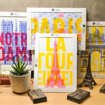 Pack Test: i 4 poster Letterpress Paris Pop, Torre Eiffel, Notre Dame, Arco di Trionfo, architettura, estate, fluo, giallo, rosa, blu