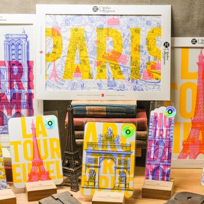 Pacchetto di implementazione Paris Pop Letterpress più venduto: poster A4, biglietti, segnalibro, Torre Eiffel, Notre Dame, Arco di Trionfo, architettura, estate, neon, giallo, rosa, blu