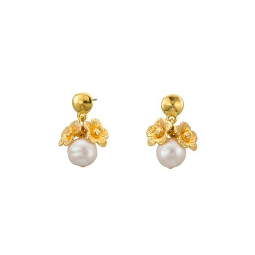 Baroque pearl gold flower drop earrings