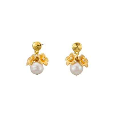 Boucles d'oreilles pendantes fleur or perle baroque