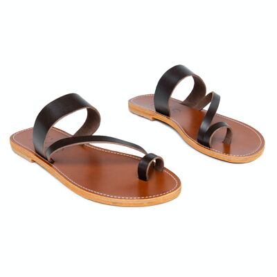 Women's Leather Flat Sandals Without Attachment, Mules, Chocolate Color, Elpida