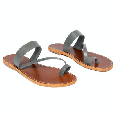 Women's Leather Flat Sandals Without Attachment, Mules, Gray Color, Elpida