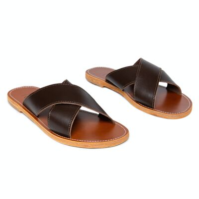 Women's Leather Flat Sandals Without Attachment, Mules, Chocolate Color, Kleos