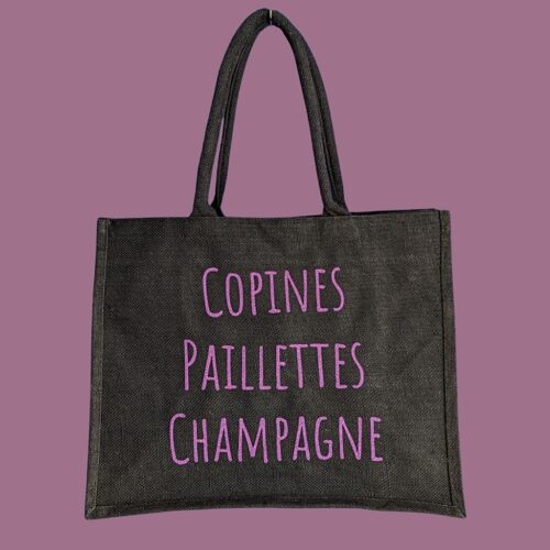Sac en jute noir "Copines, Paillettes, Champagne"