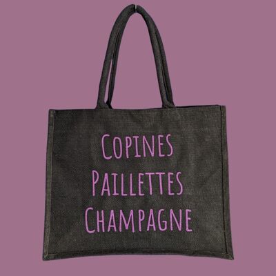 Sac en jute noir "Copines, Paillettes, Champagne"