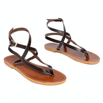 Women's Leather Flat Sandals With Ankle Strap, Chocolate Color, Nostos