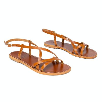 Women's Leather Flat Sandals With Ankle Strap, Camel Color, Hedone