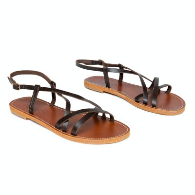 Women's Leather Flat Sandals With Ankle Strap, Chocolate Color, Hedone