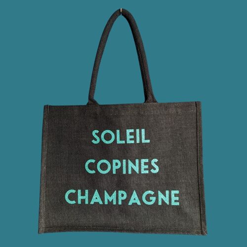 Sac en jute noir "Soleil, copines, Champagne"