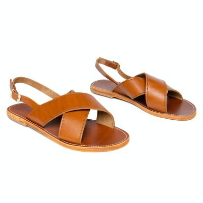 Women's Leather Flat Sandals With Ankle Strap, Camel Color, Kallos